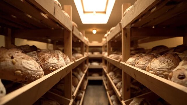 Rows of freshly baked artisan bread loaves stored on wooden shelves in a bakery.
