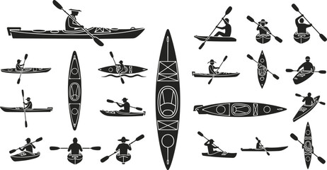 Kayak and canoe icon collection, rowing silhouette, outdoor water sports emblem, paddling adventure graphic, nautical equipment vector, boating, river. © MdRaihan