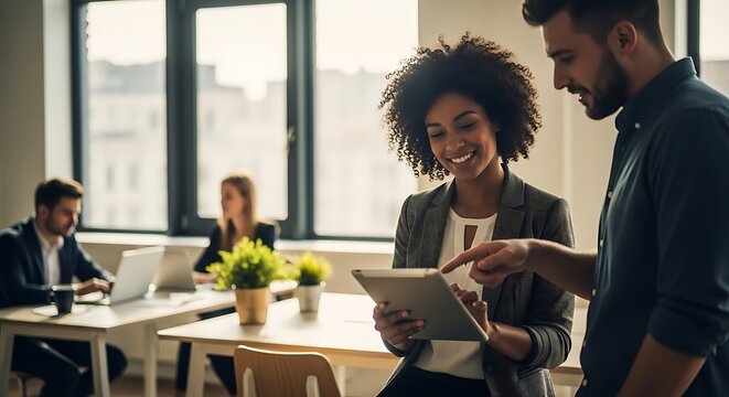 A diverse group of colleagues collaborating and working together in a modern office space