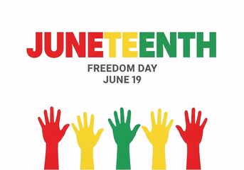 Fototapeta premium Juneteenth freedom day june 19 celebration graphic with raised hands in panafrican colors