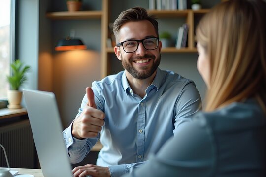 Professional man giving a thumbs up during a video conference call for a business interview or training session.