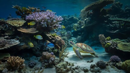 Fototapeta premium Vibrant coral reef with sea turtle and colorful fish underwater