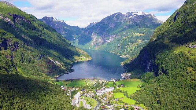 Geiranger at Geirangerfjord aerial view, Norway