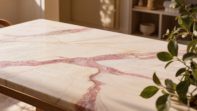 Elegant White Marble Table with Striking Red Veins and Green Plant