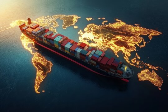 Cargo ship with containers sails on world map showing coastlines for global trade and shipping solutions