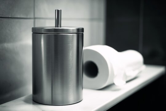 The image depicts a bathroom scene with tissue rolls neatly placed on a shelf. The paper towels and toilet paper are in view, suggesting a focus on cleanliness and hygiene.