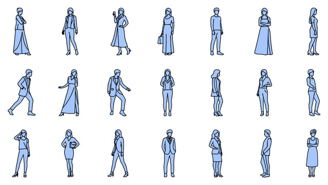 Featuring diverse men and women in various clothing styles and standing poses for architectural visualization and city scenes vector.