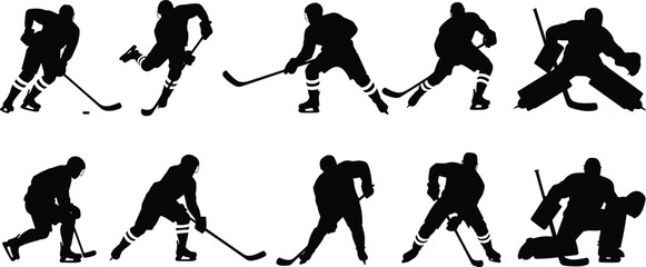 Ice hockey players silhouettes action poses collection, skating shooting goalkeeper defense sport athletes isolated vector illustration set © Minhazul