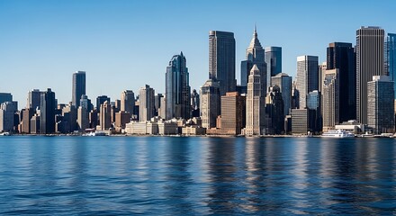 Obraz premium A panoramic view of a bustling city skyline along a serene waterfront on a clear day