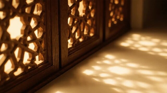 Intricate Wooden Latticework Casting Shadows on Floor.