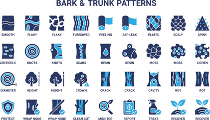 Illustration of Various Bark and Trunk Patterns for Tree Identification and Care © Kosain