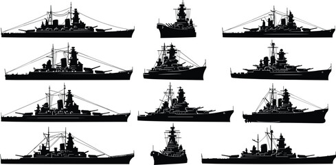 Battleship silhouette illustration set, twelve unique naval warship designs, military history collection, ship identification artwork, maritime architecture comparison © Jonab