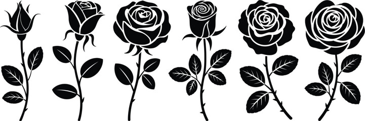 set of decorative rose with leaves, flower silhouette vector illustration isolated on white background for floral design, wedding invitations, tattoo ideas, greeting cards, romantic decorations and bo © MSTFARIDA