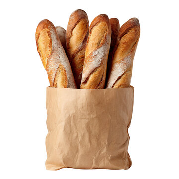 Fresh french baguettes in paper bag, isolated on transparent cutout background