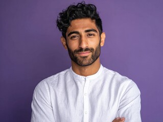 Obraz premium middle eastern man in white shirt modern portrait isolated on a purple background