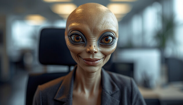 Female alien working in modern office &ndash; futuristic workforce and artificial intelligence concept