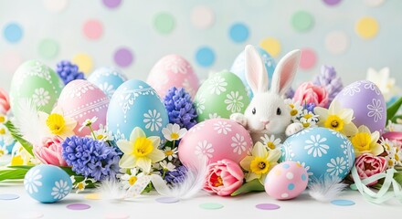 Fototapeta premium Easter day celebration with colorful eggs and bunny