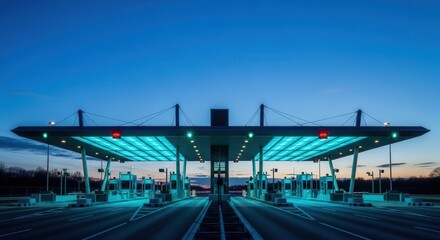 Obraz premium Evening Toll Booth Illuminated by Modern Lighting Under a Deep Blue Sky