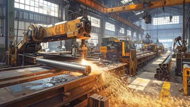 Industrial scene of a factory with machinery cutting l pipes, sparks flying, and a working environment.