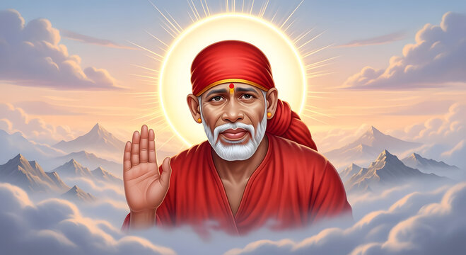 &ldquo;Shirdi Sai Baba Giving Divine Blessing with Sacred Halo &ndash; Spiritual Hindu Saint Illustration&rdquo;