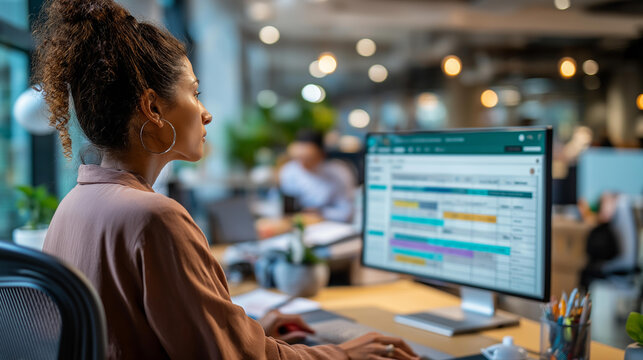 Faceless businesswoman from behind at a bright modern workstation navigating a digital contract management dashboard on a large monitor the interface showing a pipeline