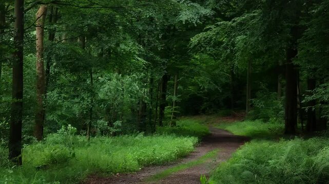 Idyllic forest with a hiking trail in rich dark green shades, panning shot