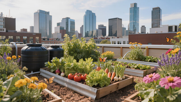 Urban Rooftop Garden with Fresh Vegetables and City Skyline