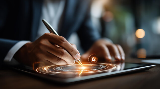 Faceless businessman from behind at a tablet device using a stylus to sign a glowing electronic contract a secure padlock hologram visible in the upper corner of the tablet