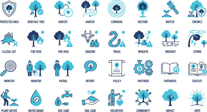 Collection of Eco-Friendly Vector Icons Representing Environmental Protection and Conservation Efforts