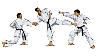Fototapeta premium Karate fighter performing punches and kick techniques in martial arts training illustration isolated on transparent background.