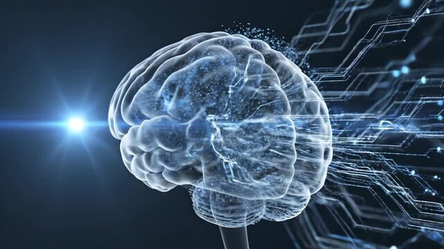 Human brain digital representation showcasing advanced neural networking technology and futuristic cognitive computing concepts with glowing blue circuits.