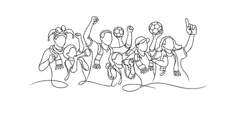Fototapeta premium Single line drawing depicting cheering soccer fans. Continuous line art for 2026 world cup background.