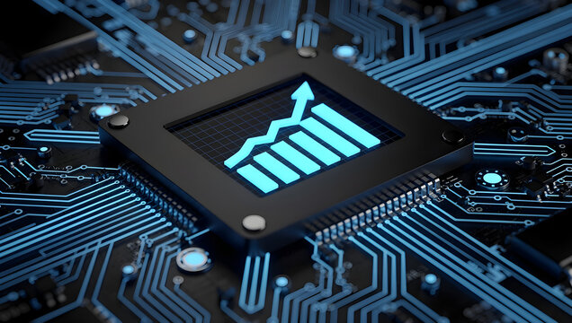 Business growth analytics icon on processor chip, data driven performance analysis, financial technology dashboard and digital computing concept