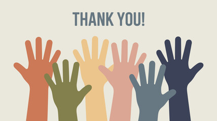 Obraz premium thank you message with diverse, colorful raised hands in graphic style, isolated on white background for appreciation design, community support campaigns, social media graphics, volunteer events and i
