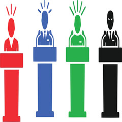 Colorful illustration of four people standing at podiums with speech bubbles