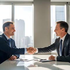 Fototapeta premium A professional team of smiling businessmen and businesswomen in suits shake hands while working together during a corporate meeting in an office