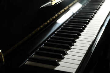 Closeup view of piano keys. Musical instrument