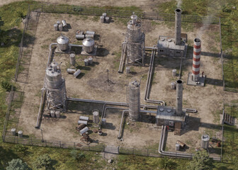 Topdown view of industrial oil refinery for presentations, infographics, articles, and reports on energy, manufacturing, and environmental issues.
