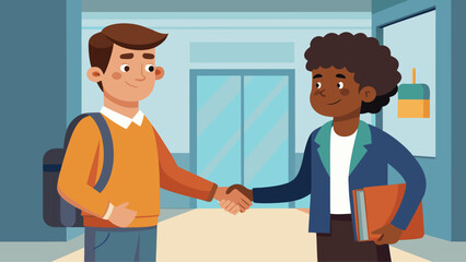 Fototapeta premium Students shaking hands at school hallway representing friendship cooperation and new connection education concept illustration