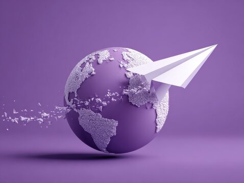 white paper plane crossing globe isolated on a purple background