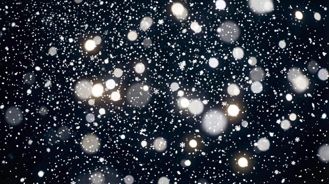 Copos de nieve cayendo sobre fondo negro con efecto bokeh suave. Escena invernal elegante y atmosf&eacute;rica que evoca invierno, Navidad y clima fr&iacute;o, ideal como fondo festivo o textura estacional.
