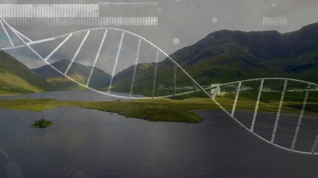Helix appearing from left, arcing across lake, barcodes flashing, speckles drifting, showing data