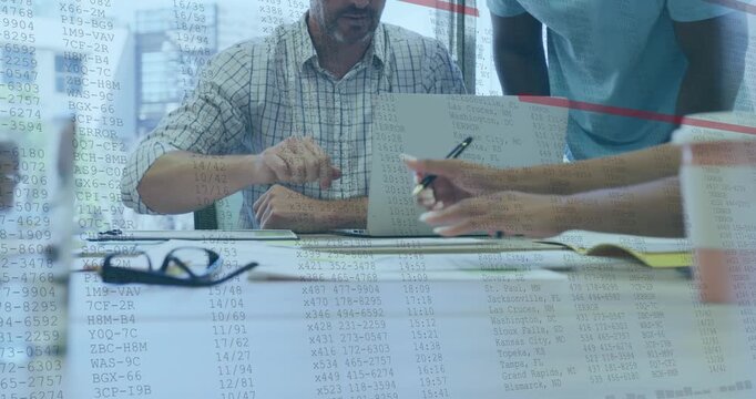 Manager reaching documents passing pen signing at business meeting, adding data red marks on glass