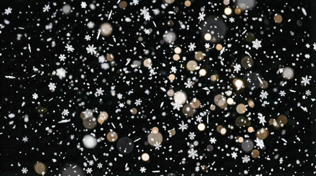 Copos de nieve cayendo sobre fondo negro con efecto bokeh suave. Escena invernal elegante y atmosf&eacute;rica que evoca invierno, Navidad y clima fr&iacute;o, ideal como fondo festivo o textura estacional.