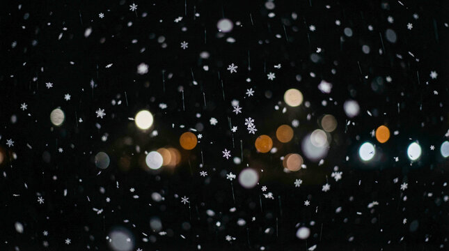Copos de nieve cayendo sobre fondo negro con efecto bokeh suave. Escena invernal elegante y atmosf&eacute;rica que evoca invierno, Navidad y clima fr&iacute;o, ideal como fondo festivo o textura estacional.