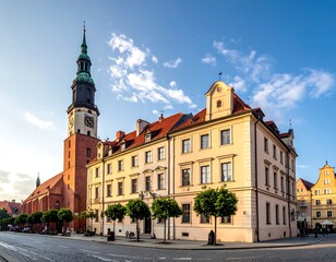 Fototapeta premium Old European town square scene, building with steeple on sunny day, clear skies and beautiful architecture