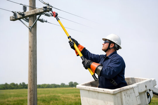 Electrical line worker in bucket truck using insulated hot stick on power lines.