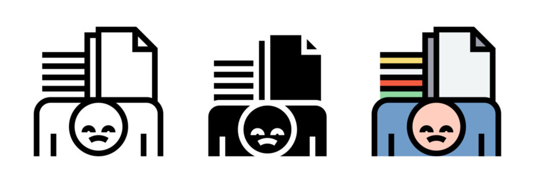 Conjunto de iconos de sobrecarga laboral. Persona agotada con documentos, estr&eacute;s de trabajo, cansancio profesional, presi&oacute;n laboral, fatiga laboral. Ilustraci&oacute;n vectorial