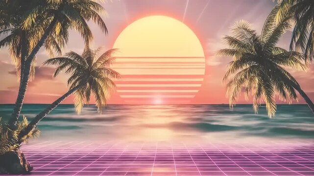 A retro beach scene features palm trees, the ocean, a sunset, and a pink grid