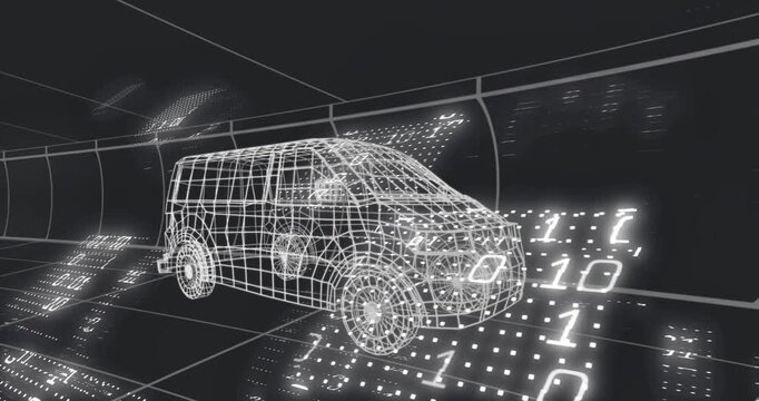 Binary streams appearing on right-front floor moving across wireframe van, visualizing digital scan